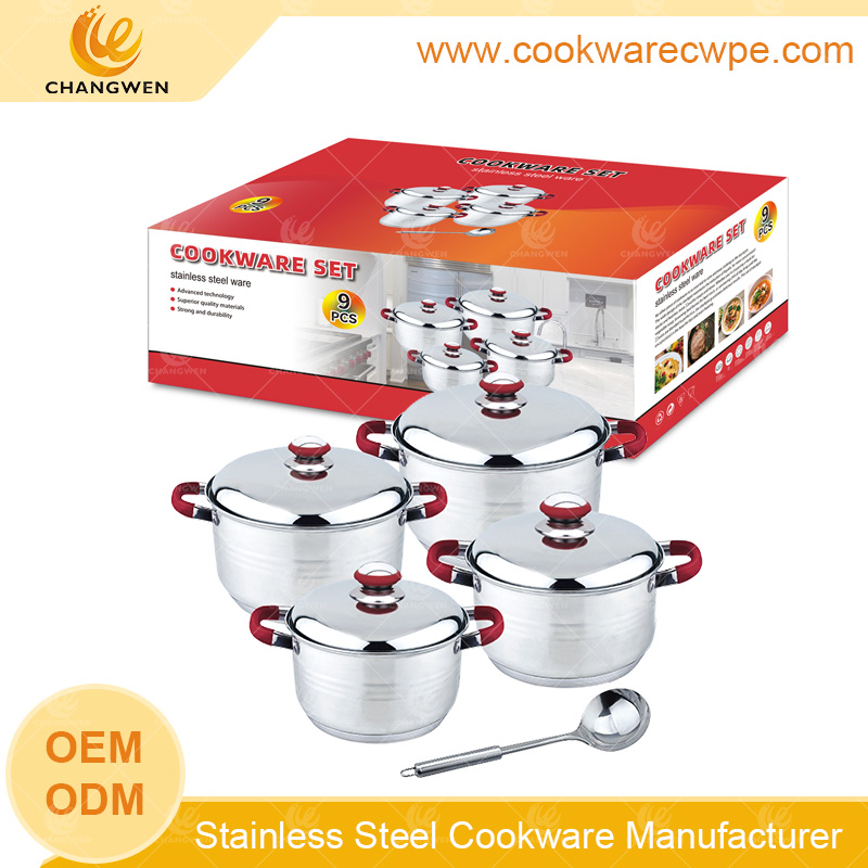 cookware kitchen set 8pcs stainless steel casseroles with 7-stepped bottom belly shape hollow handle covered silicone CW51002-08N01